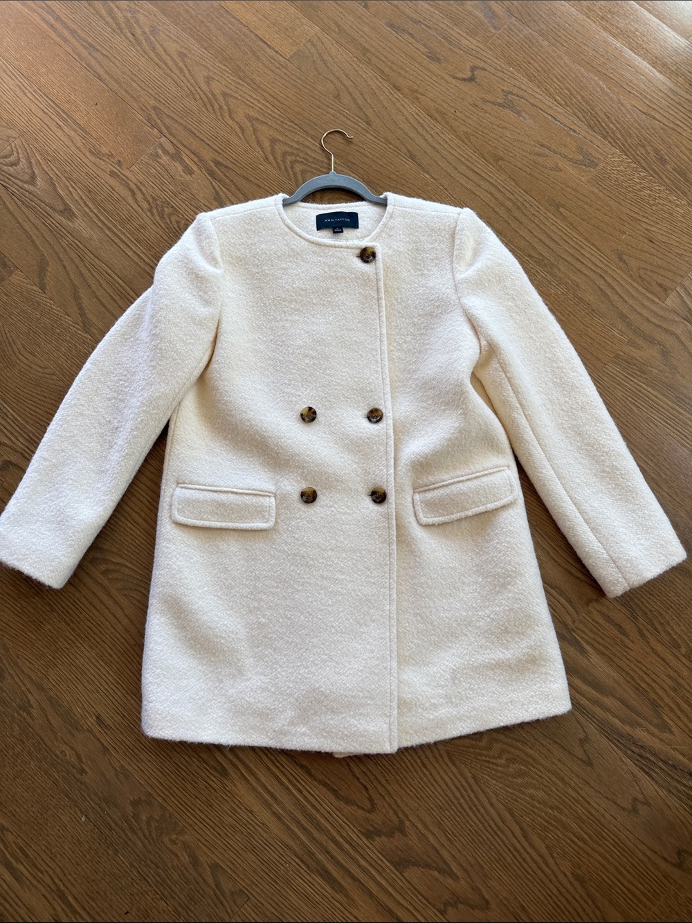 NWT Ann Taylor Cream Bouclé Double-Breasted Pea Coat with Tortoiseshell Buttons